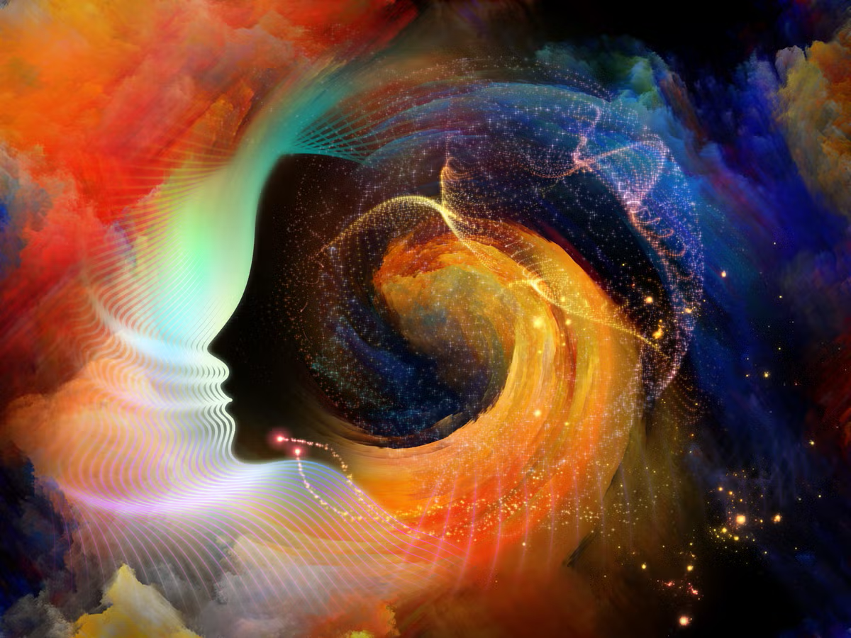 Colorful illustration of a human profile surrounded by swirling patterns of light